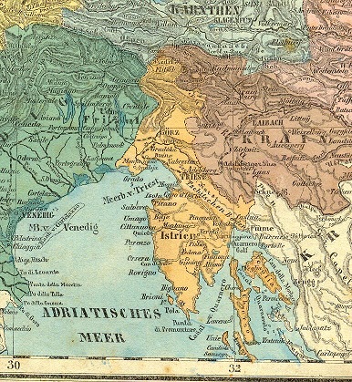 Österrikiska kustlandet (i gult) mellan Italien i väster (grönt) och den österrikiska regionen Krain i öster (rött).